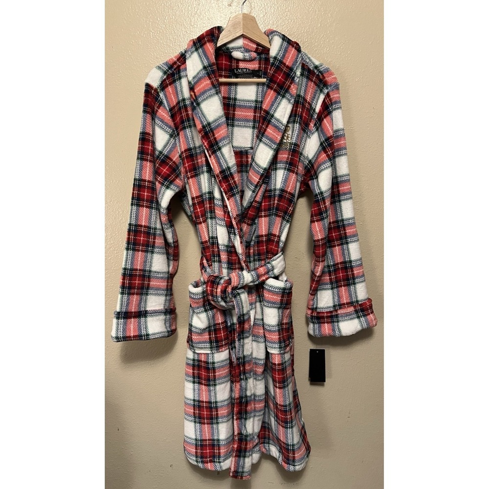 NWT Lauren Ralph Lauren Soft Plush Fleece L/S Ivory/Multi Plaid Robe Women's L